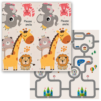 Kiddiko Safari Express/Pinga Road reversible play mat — flat lay, both sides shown