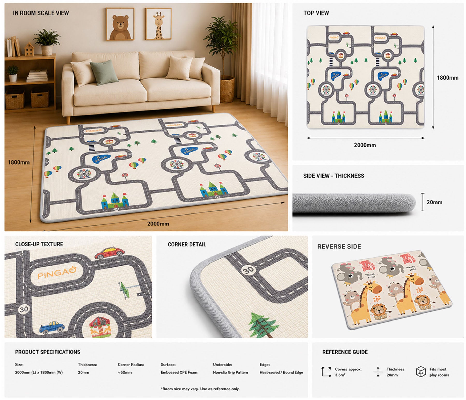 Kiddiko Safari Express/Pinga Road reversible play mat specifications — Safari Express side, size and thickness