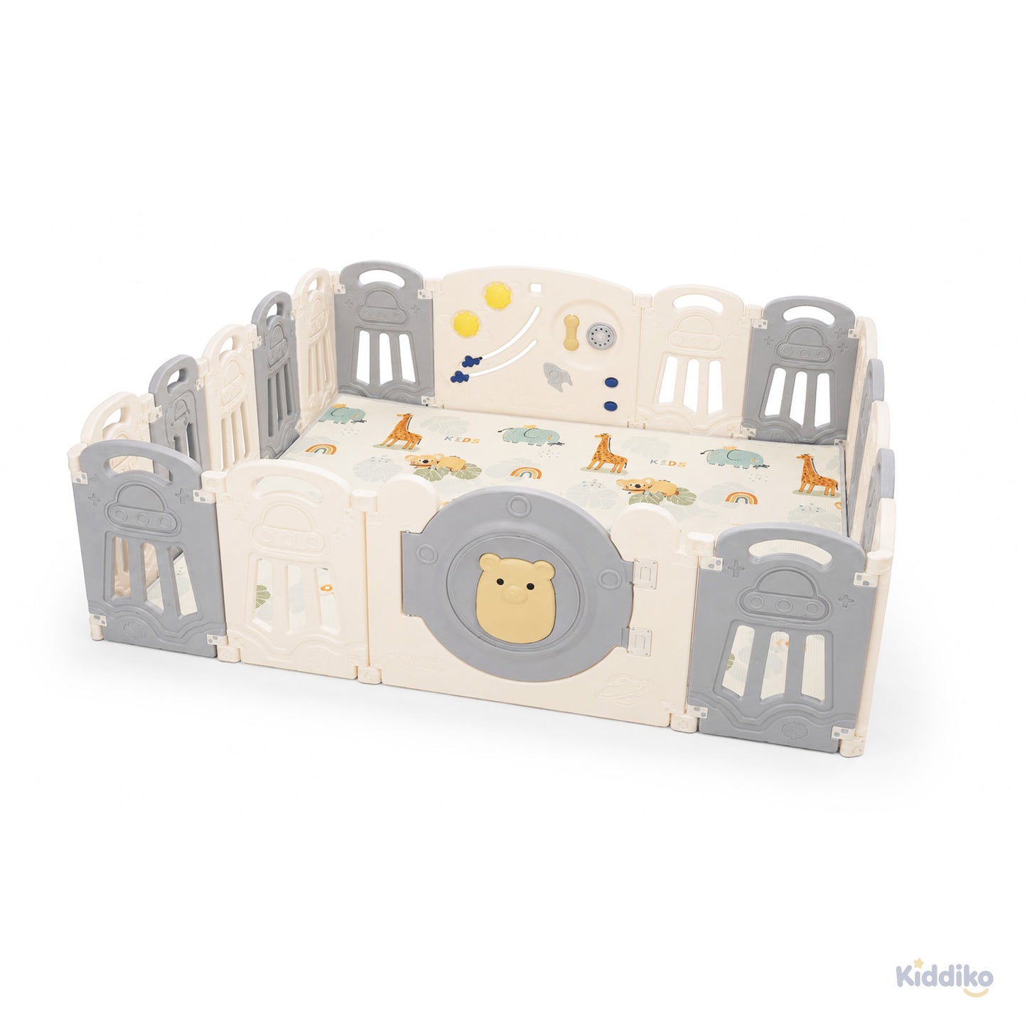 Kiddiko Space Adventure foldable HDPE play pen with play mat, angled view
