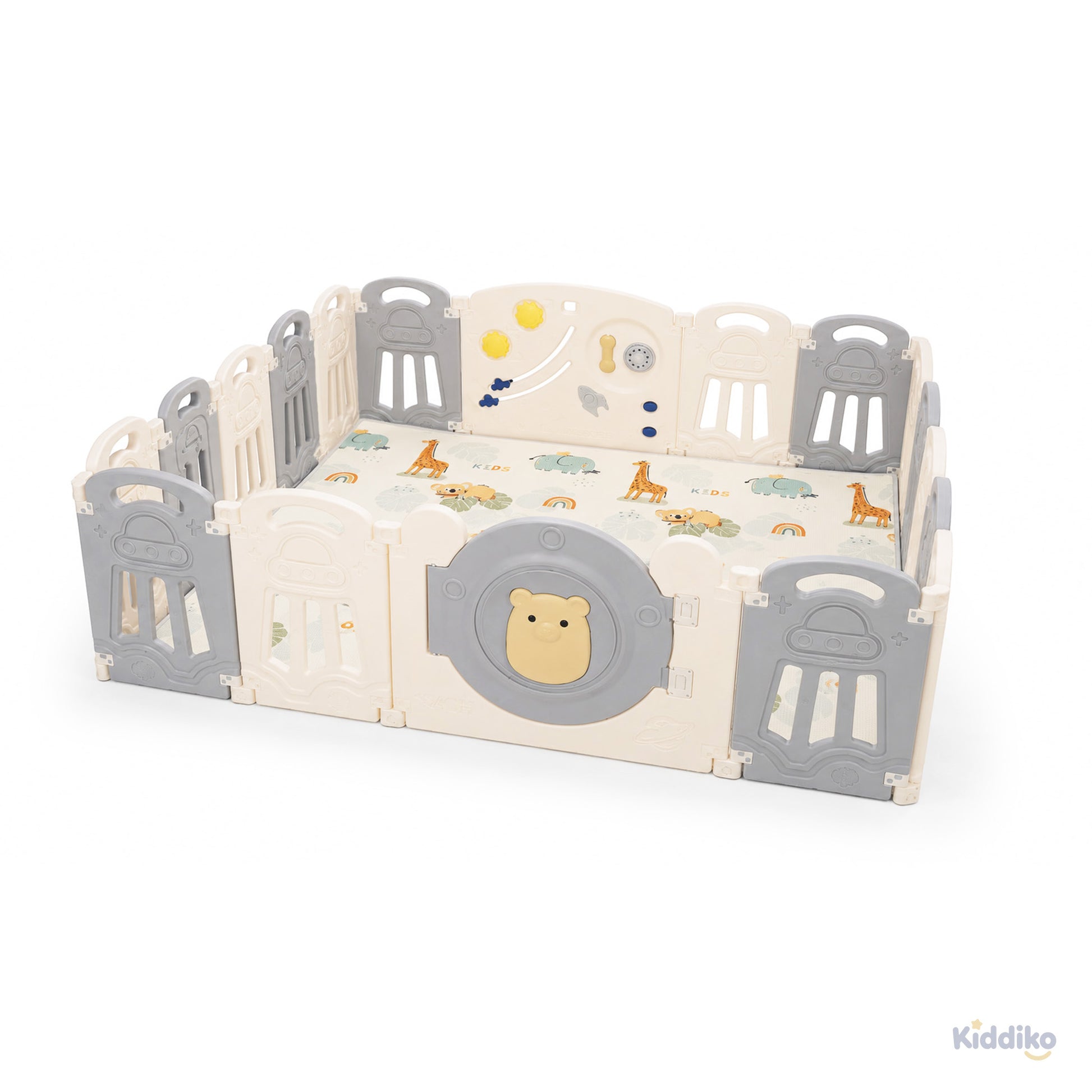 Kiddiko Space Adventure foldable HDPE play pen with play mat, angled view
