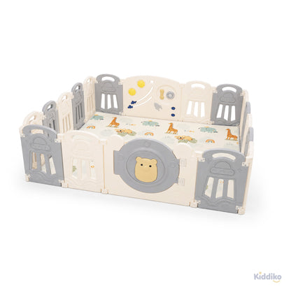 Kiddiko Space Adventure foldable HDPE play pen with play mat, angled view
