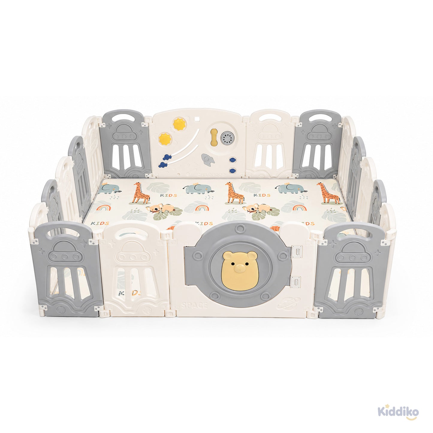 Kiddiko Space Adventure foldable HDPE play pen with play mat, front view
