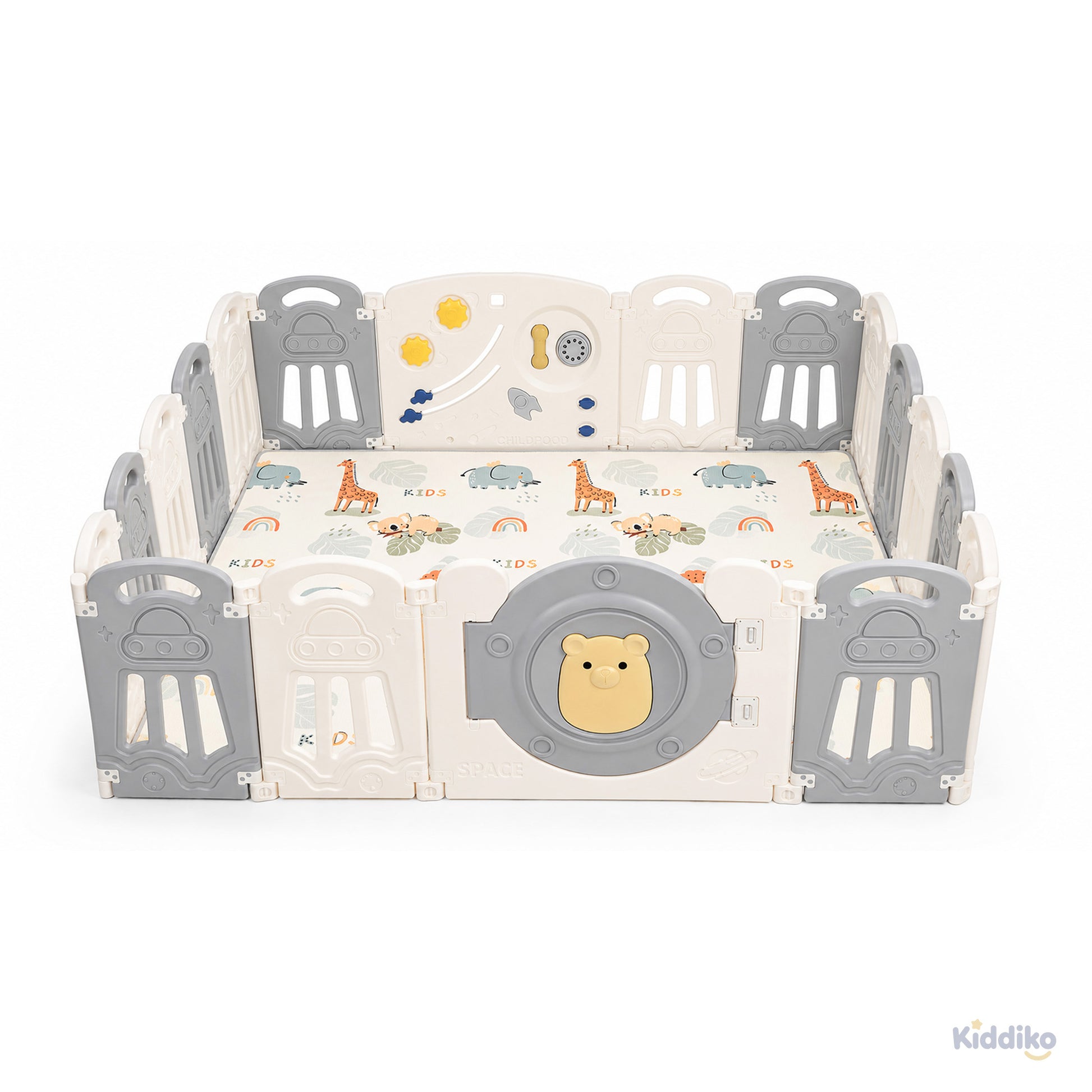 Kiddiko Space Adventure foldable HDPE play pen with play mat, front view
