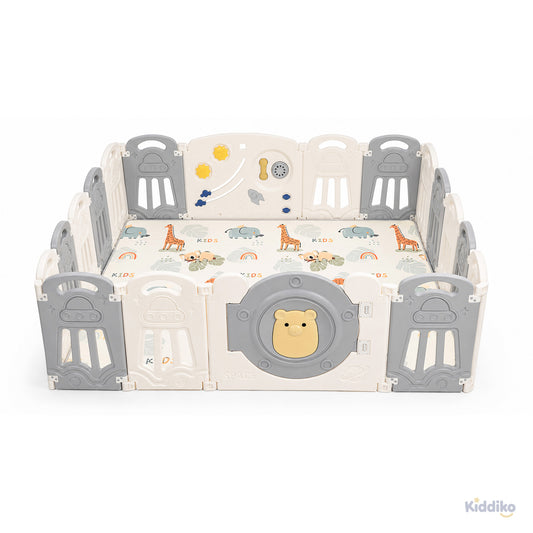 Kiddiko Space Adventure foldable HDPE play pen with play mat, front view
