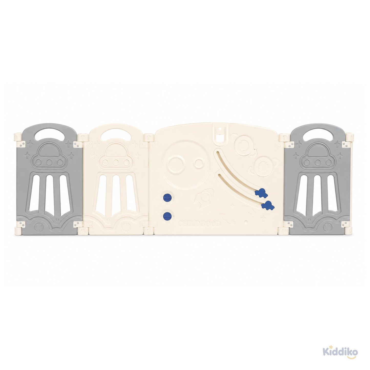 Exterior view of Space Adventure play pen activity panel, rear-facing side with car track and planet details
