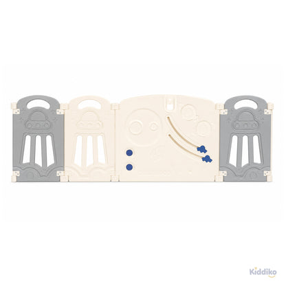 Exterior view of Space Adventure play pen activity panel, rear-facing side with car track and planet details
