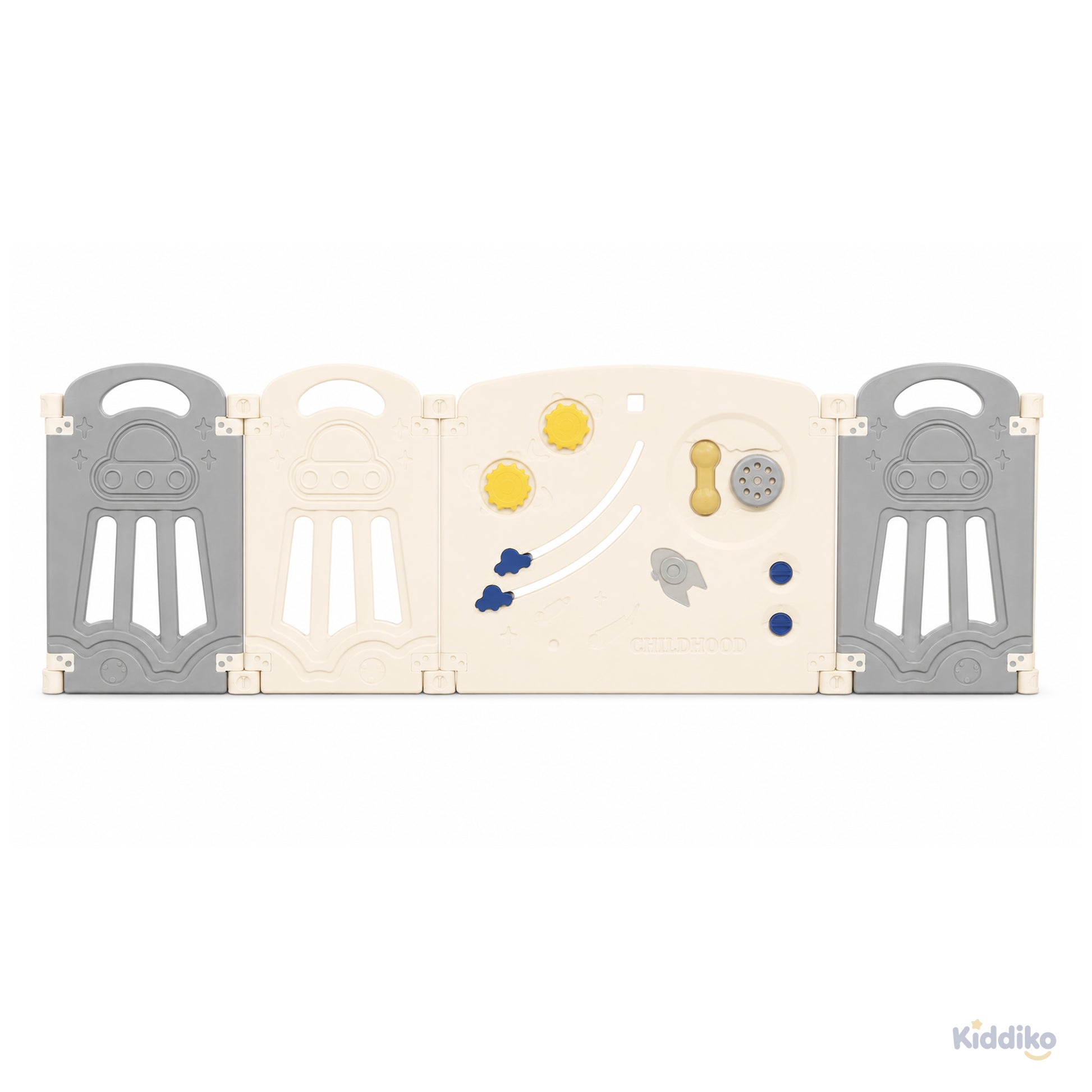 Interior view of Space Adventure play pen activity panel, baby-facing side with bead maze and rocket details
