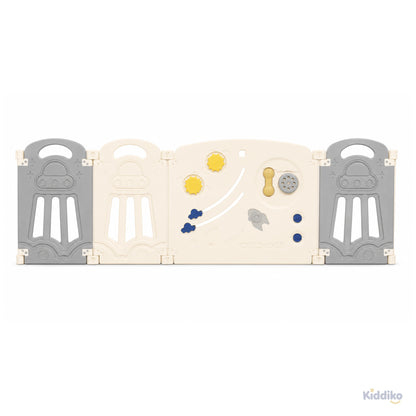 Interior view of Space Adventure play pen activity panel, baby-facing side with bead maze and rocket details
