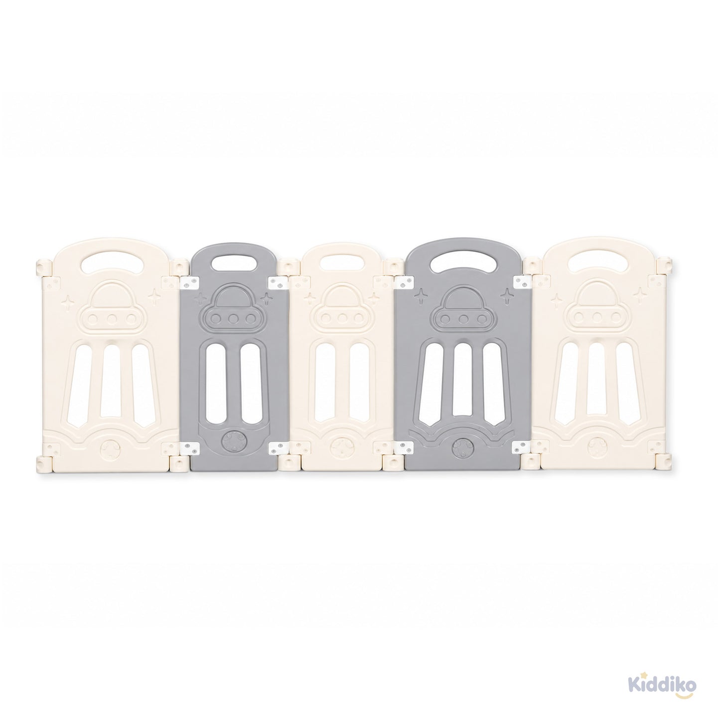 Kiddiko play pen neutral grey and cream panel arrangement
