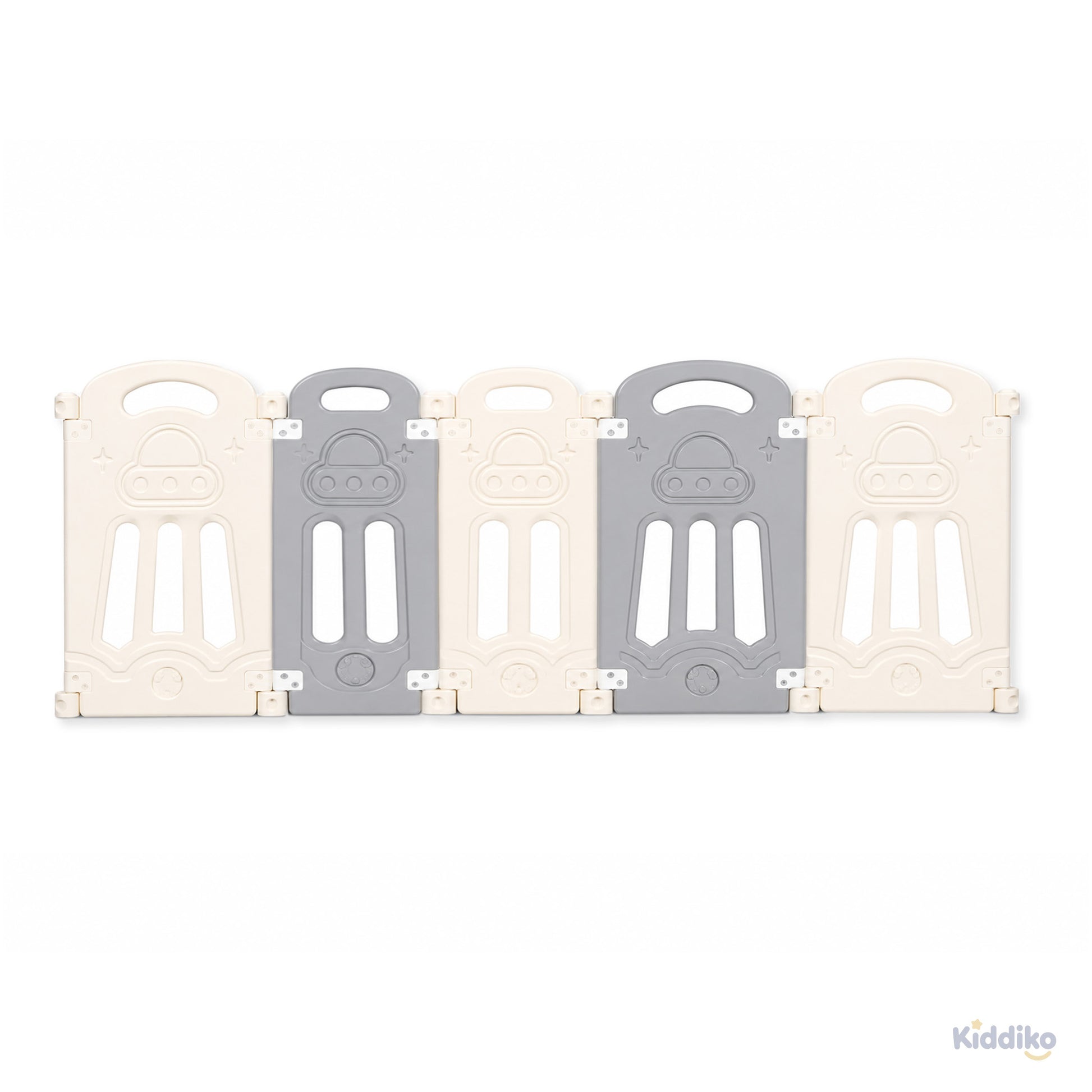 Kiddiko play pen neutral grey and cream panel arrangement

