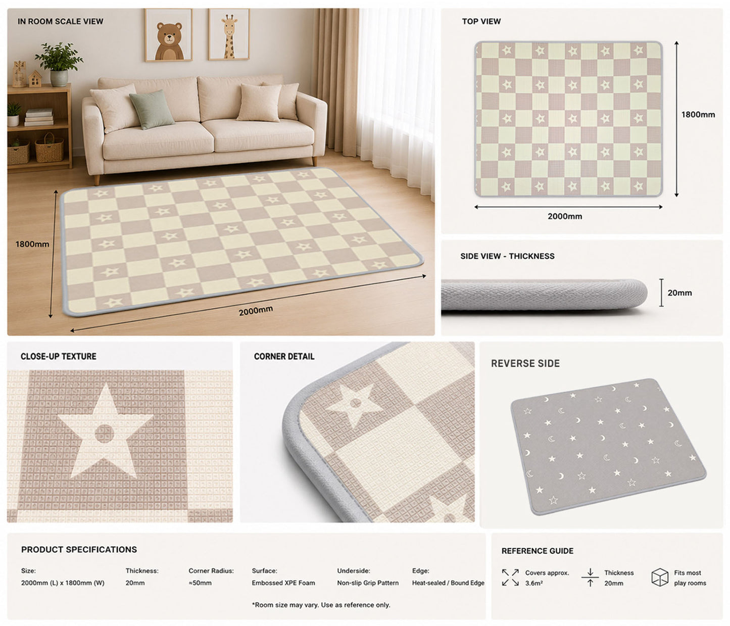 Kiddiko Star Check/Star Gaze reversible play mat specifications — Star Gaze side, size and thickness