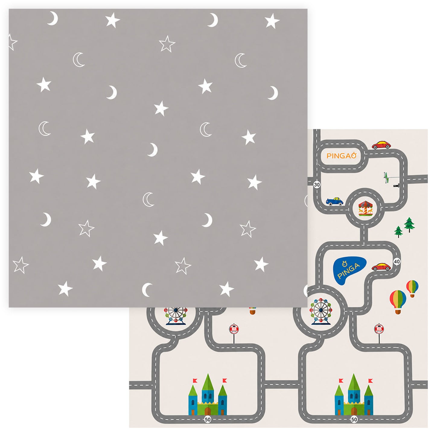 Kiddiko Star Gaze/Pinga Road reversible play mat — flat lay, both sides shown