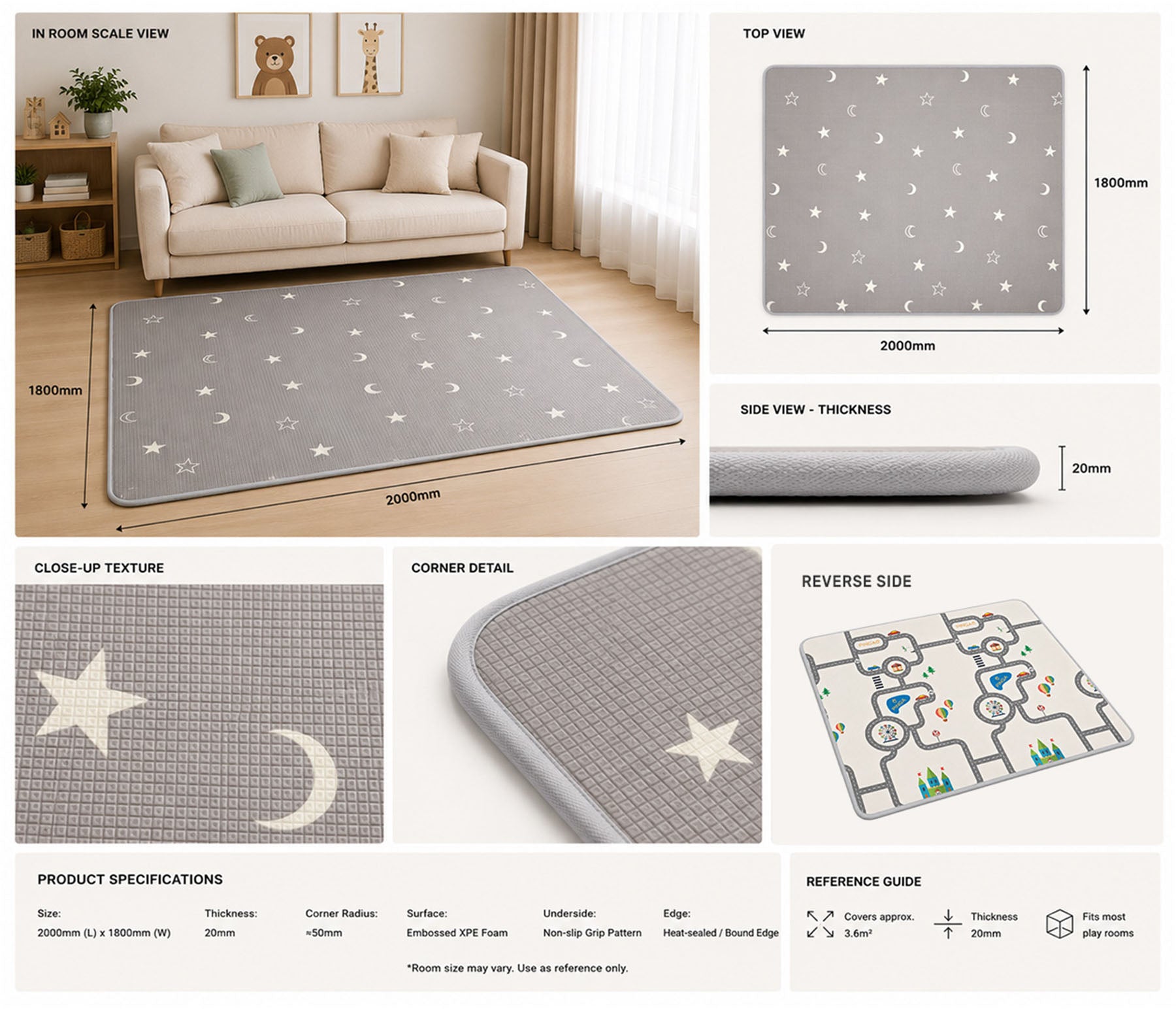 Kiddiko Star Gaze/Pinga Road reversible play mat specifications — Star Gaze side, size and thickness