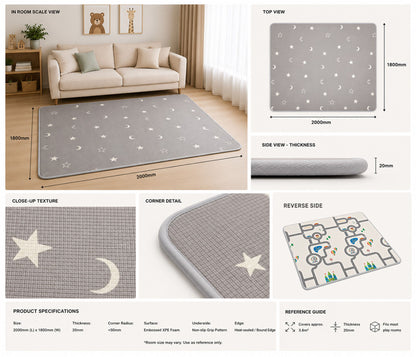 Kiddiko Star Gaze/Pinga Road reversible play mat specifications — Star Gaze side, size and thickness