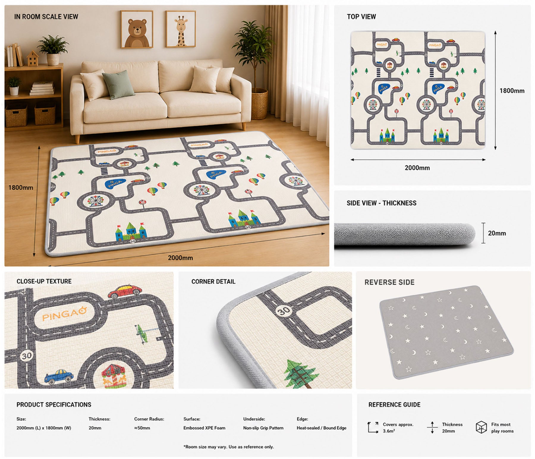 Kiddiko Star Gaze/Pinga Road reversible play mat specifications — Pinga Road side, size and thickness